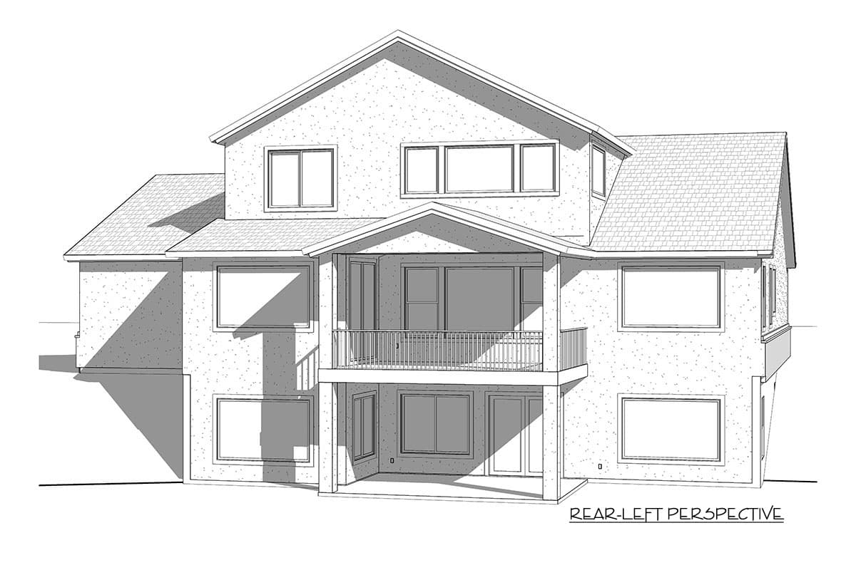 House plan rear-left perspective of a two-story house with a covered patio, balcony, and multiple windows.