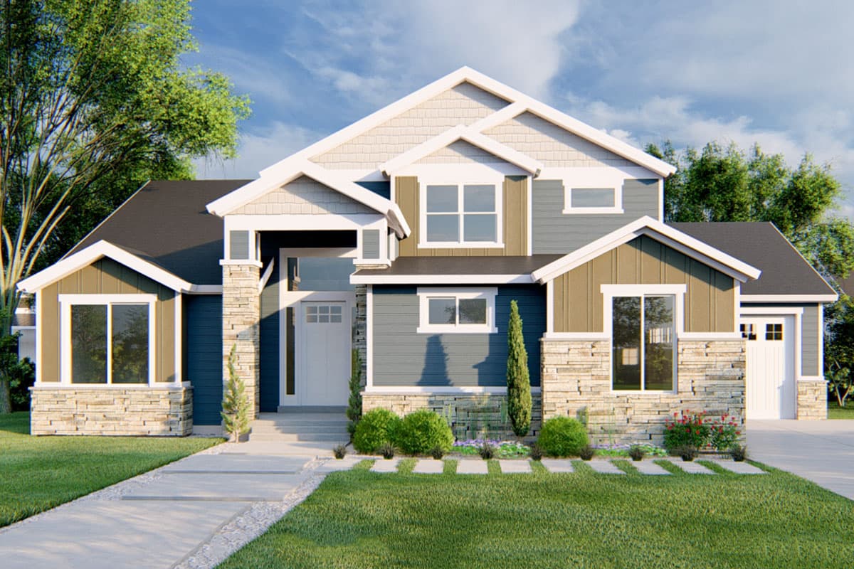 House plan exterior with two stories, Craftsman style. Features include gabled roof, stone accents, and covered entry porch.