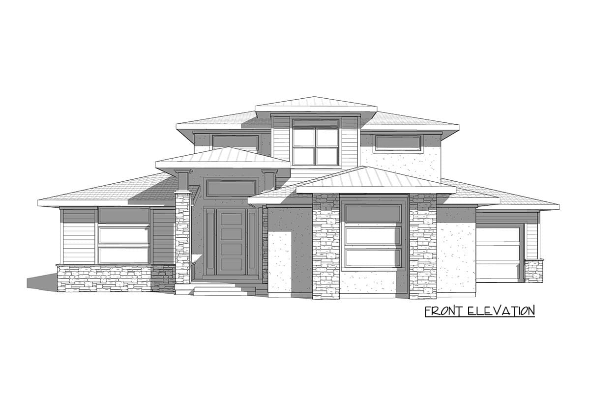 Front elevation house plan with stone accents, multiple gables, and stacked windows.
