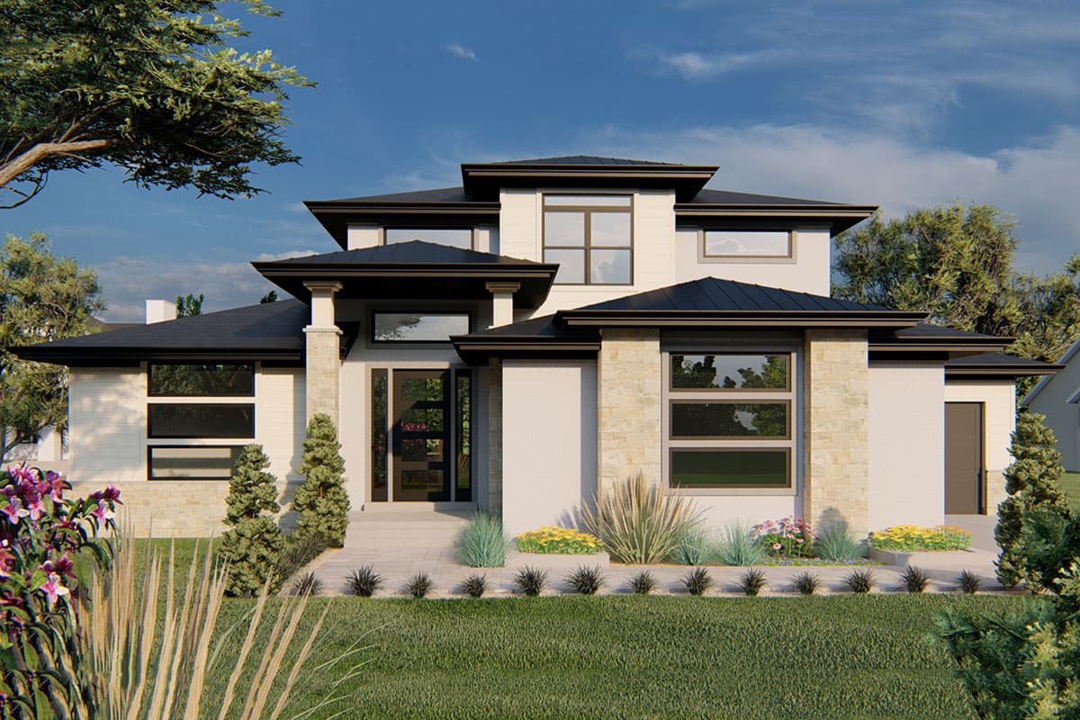 House plan exterior. Two-story Modern house with flat roof, recessed entry, and stone accents. Large windows and covered porch are visible.
