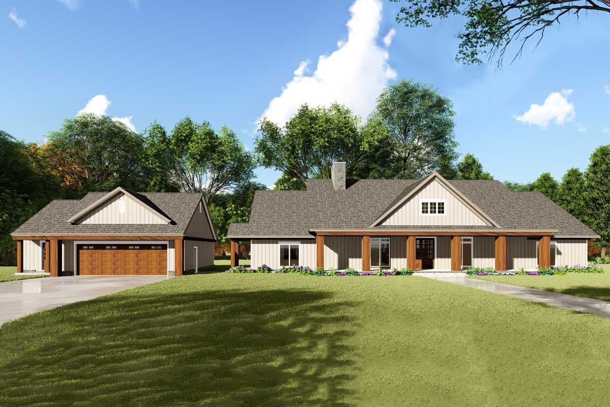 House plan exterior. Ranch style with a detached garage, covered porch with exposed beams, and gabled rooflines. One story house with a chimney.