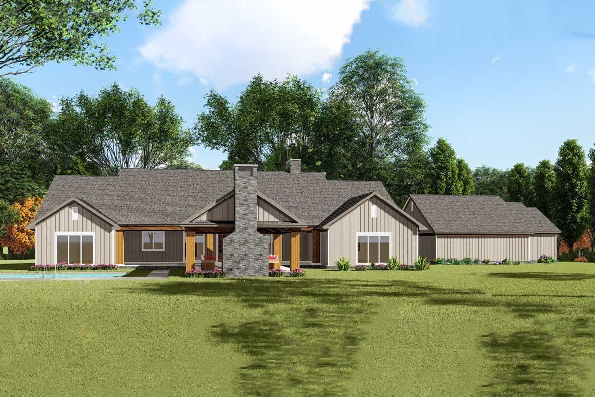 House plan exterior, single-story Modern Farmhouse with stone chimney, gables, and attached garage.