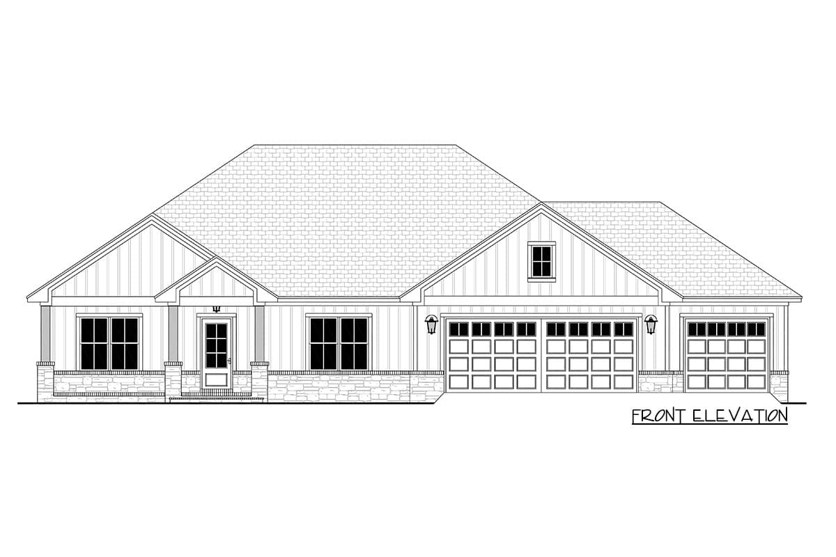 Front elevation house plan with a symmetrical facade, covered entry, multiple gables, and a four-car garage.