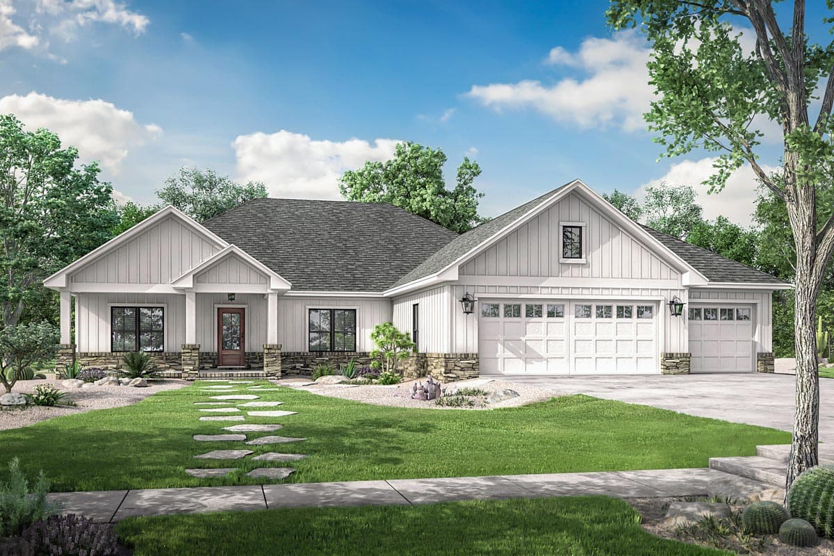 Modern Farmhouse house plan exterior with a gabled roof, stone accents, and a front-facing, three-car garage. Features a covered porch.