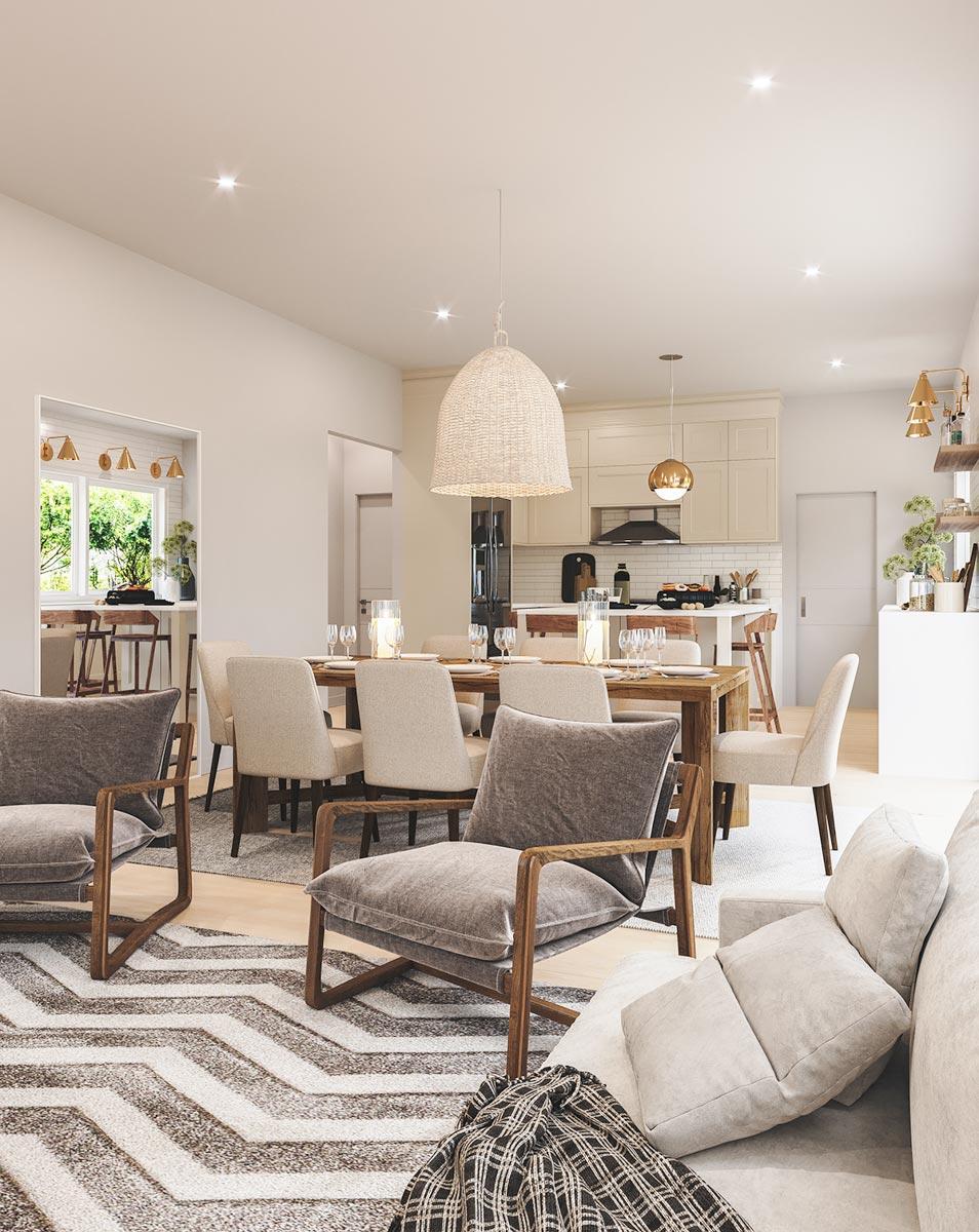 Open-concept living area with dining table, kitchen island, and seating area featuring upholstered chairs and a sofa.