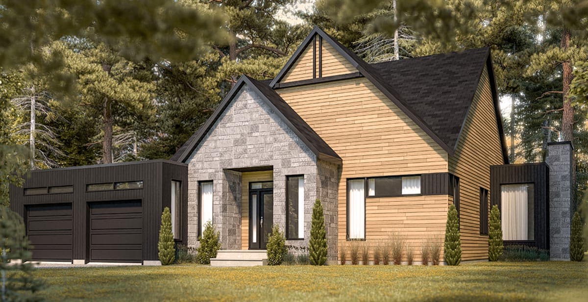 House plan exterior with a prominent gable, stone facade, wood siding, and a detached two-car garage.