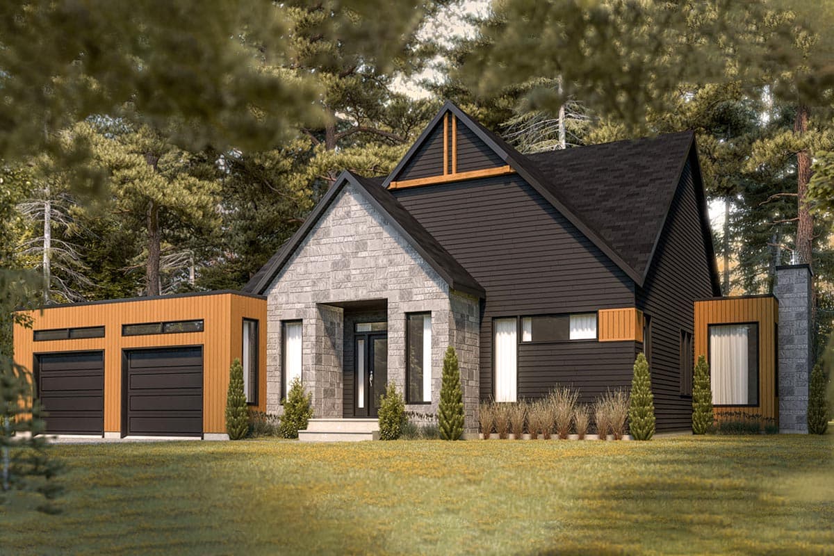 House plan exterior with two stories. Features include a stone facade, gabled roof, and attached garage. Exterior uses mixed materials.