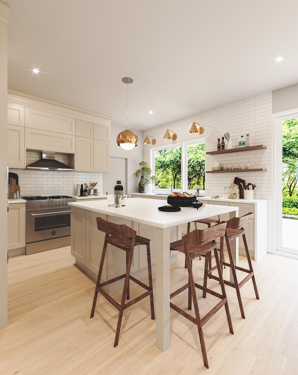 Kitchen with island, bar stools, stainless steel range, subway tile backsplash, and large windows.