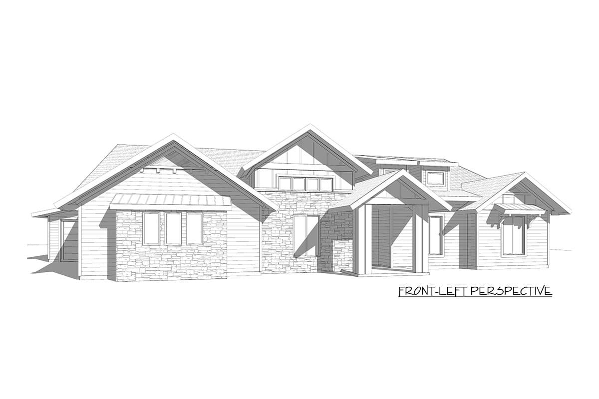House plan exterior: Ranch style, wood siding, stone accents, multiple gables, covered entry, and dormers.