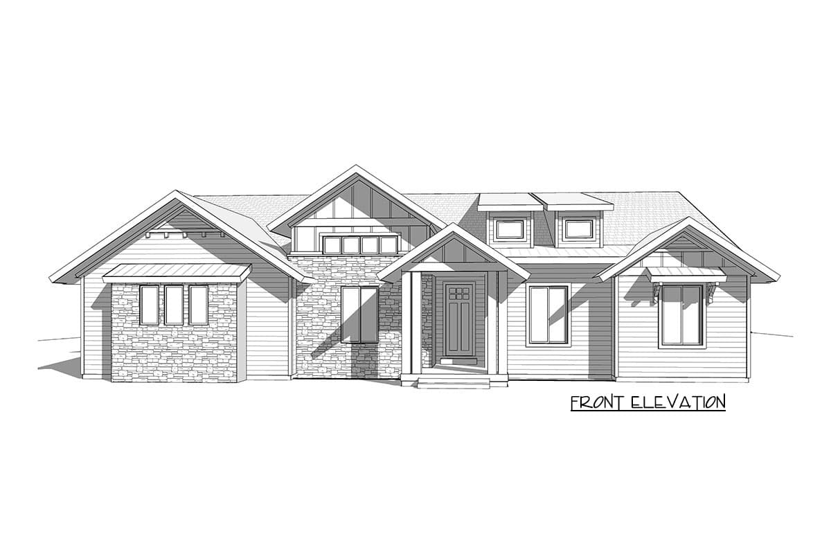 Front elevation drawing of a single-story house plan with stone accents, multiple gables, dormers, and a covered entry.