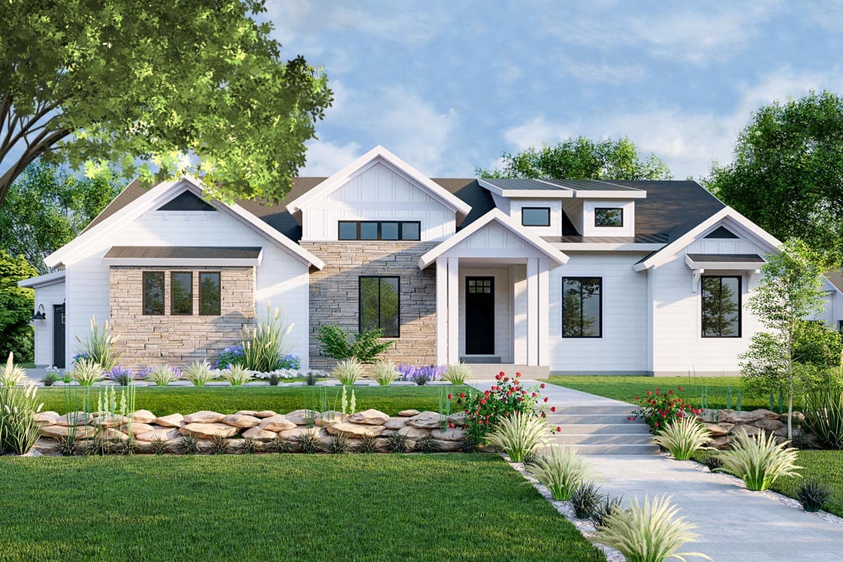 House plan exterior featuring Modern Farmhouse style with multiple gables, stone accents, and a covered front porch. Two-story with dark trim.