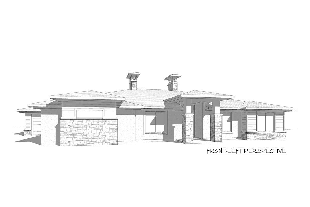 House plan exterior: Single-story modern home with stone accents, hip roofs, two chimneys, and covered entry.