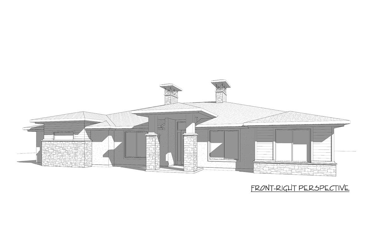 House plan exterior: one-story, modern style with stone accents, prominent front entry with stone pillars, and dual chimneys.