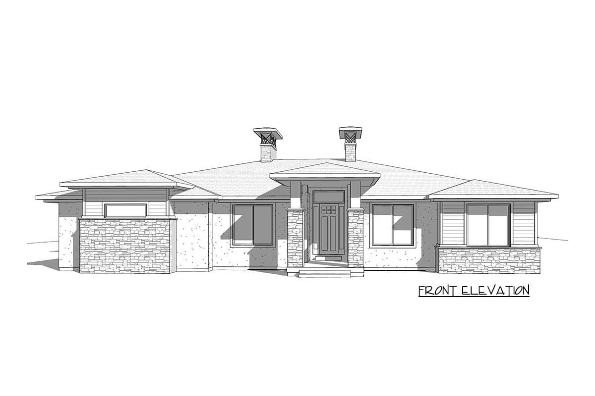 Front elevation drawing of a single-story house with a low-pitched roof, two chimneys, and stone and horizontal siding accents.