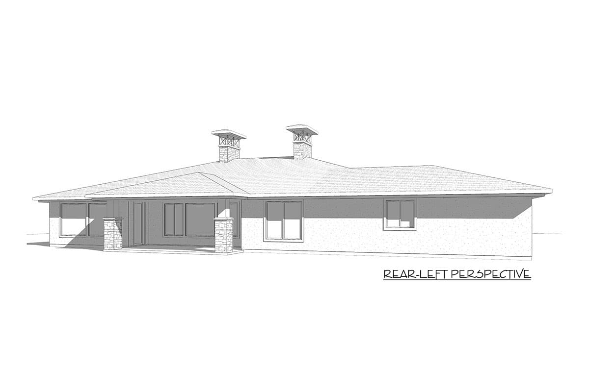 House plan exterior, single-story, with a covered porch supported by stone pillars and two stone chimneys.