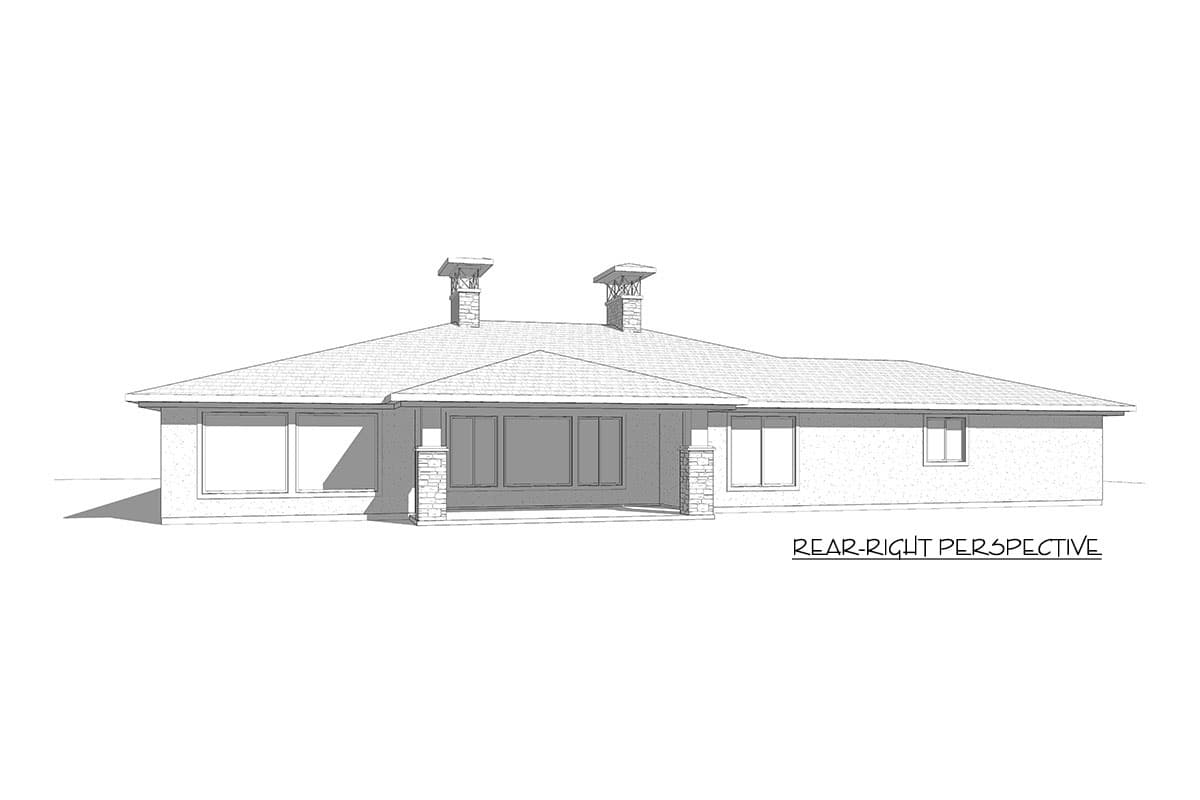 House plan exterior, single-story home with a long, low roofline, two prominent stone chimneys, and a covered rear porch.