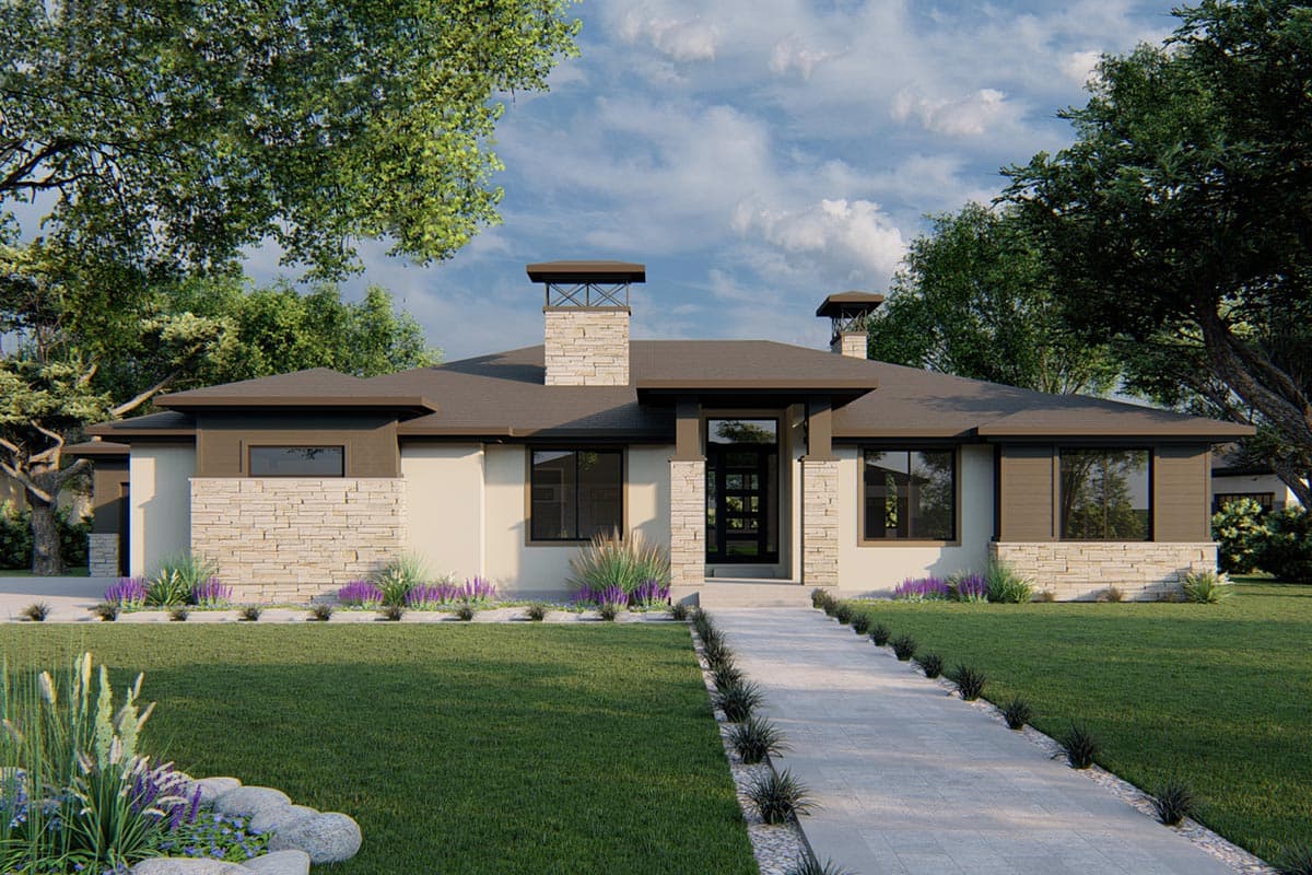 House plan exterior. Modern, one-story home with a flat roof, stacked stone accents, and rectangular windows. Two stone chimneys are visible.