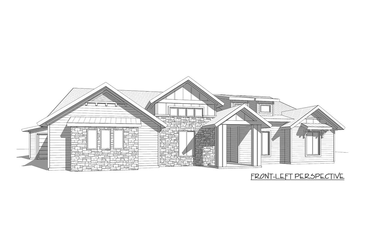 House plan exterior featuring stone accents, gables, dormers, and a covered entry with stone pillars.
