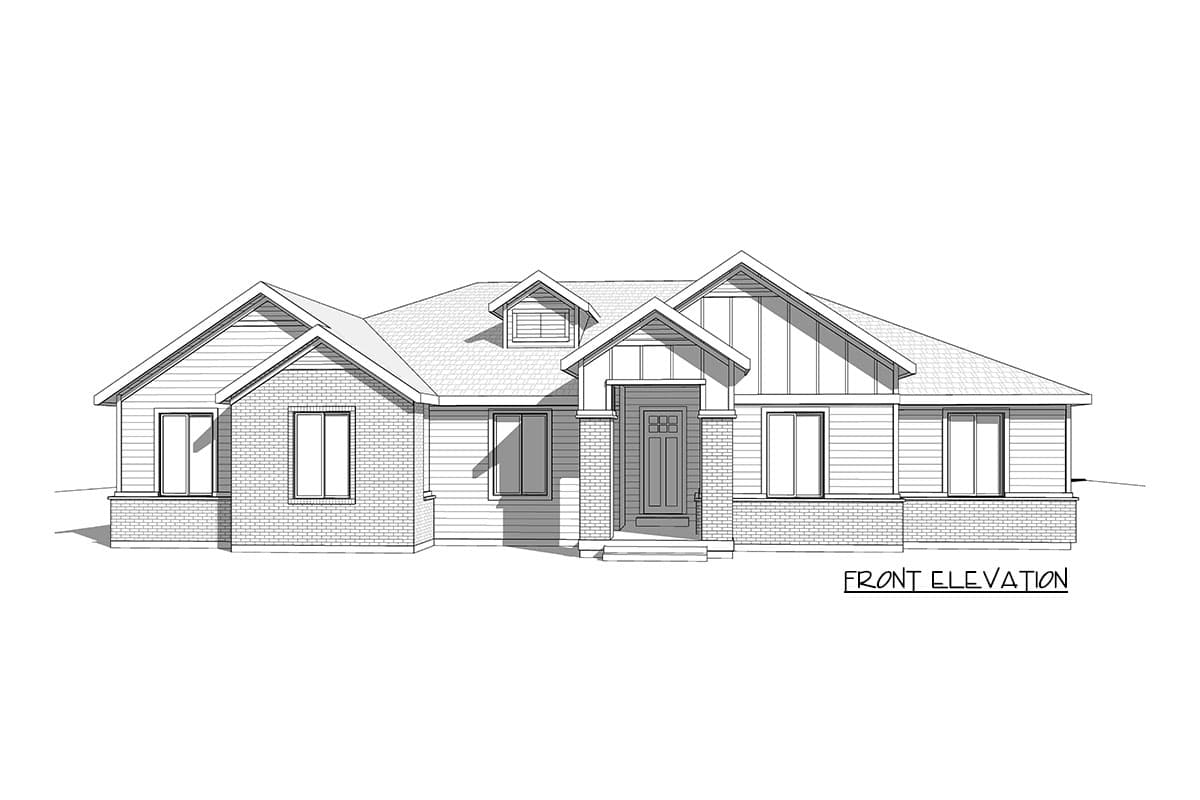 Front elevation drawing of a single-story house with brick and siding, a covered entry, and a dormer.