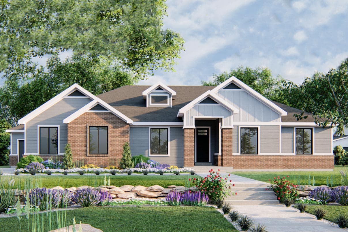 House plan exterior. Ranch style with brick facade, multiple gables, and a dormer. Landscaped front yard with walkway and stone accents.