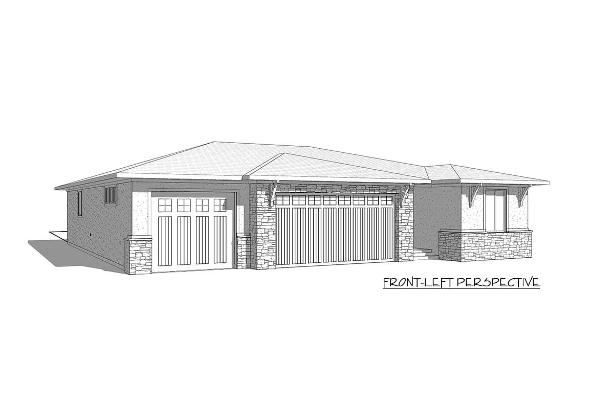 House plan exterior: single-story, Ranch style, with a prominent stone facade, a wide garage door, and a covered entry.
