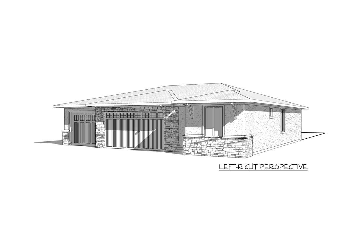 Ranch house plan exterior, single story, with stone accents, two-car garage, and covered entryway.