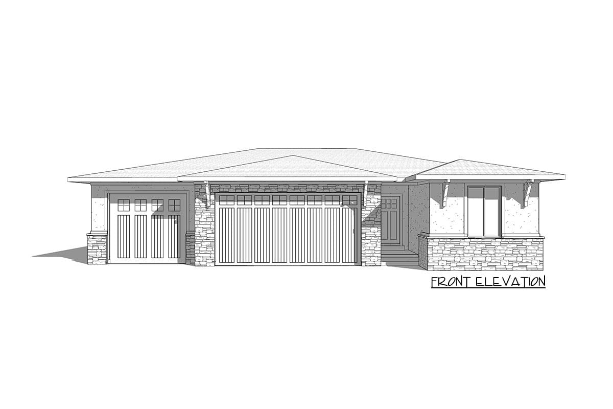 Front elevation drawing of a single-story house with a three-car garage, stone accents, and a covered entry.