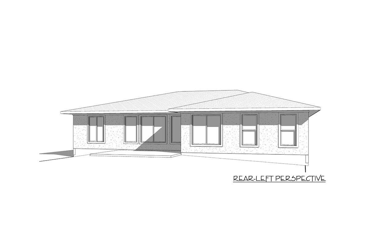 One-story house plan exterior, rear-left perspective, showing pitched roof, several windows, and minimal overhangs.