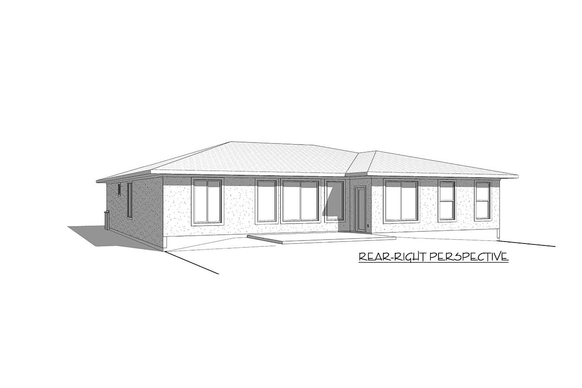 House plan exterior perspective of a single-story home with a hipped roof, multiple large windows, and a rear patio.
