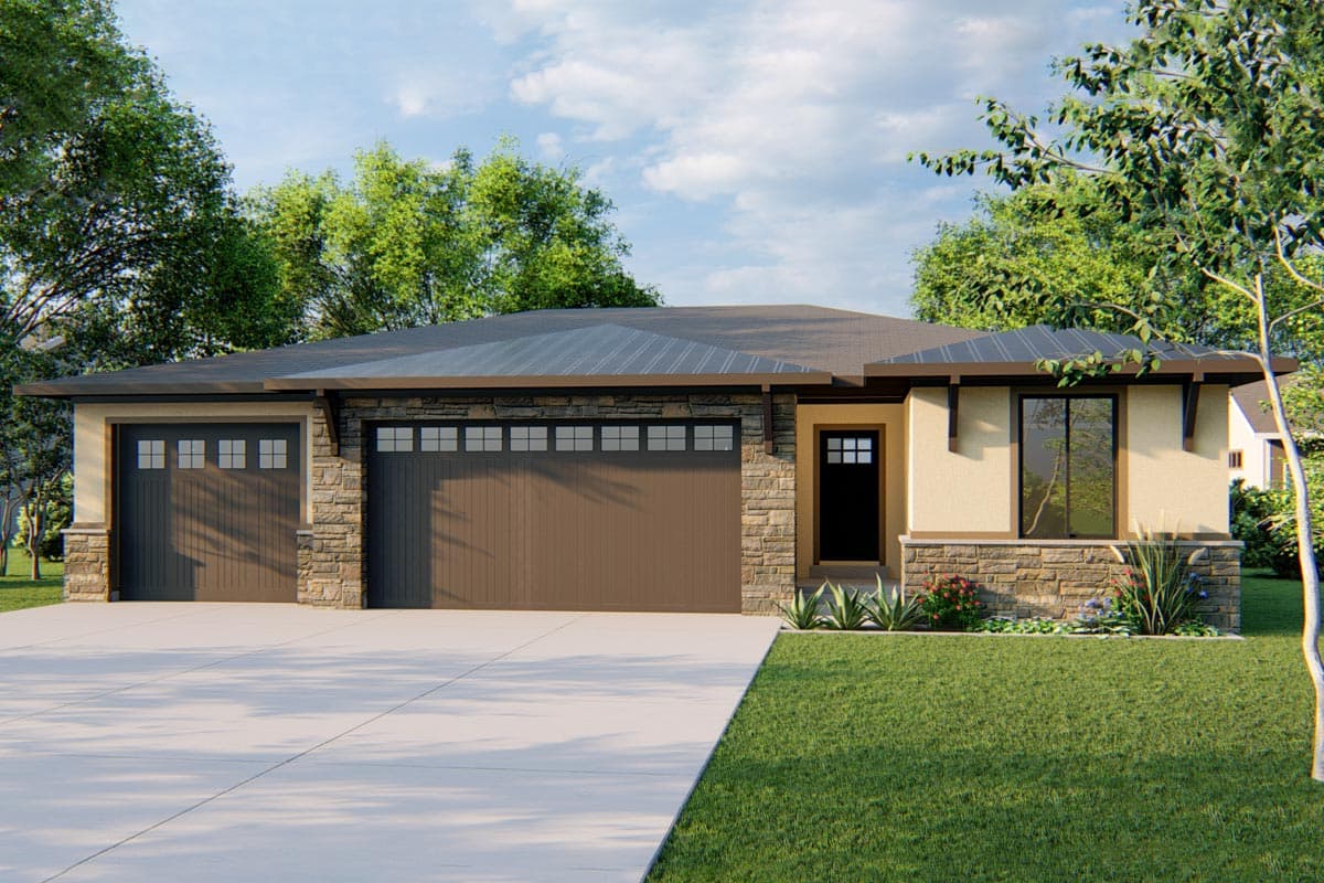 House plan exterior with stone accents, a two-car garage, and a shed-style roof. Features large windows and a small front porch area.