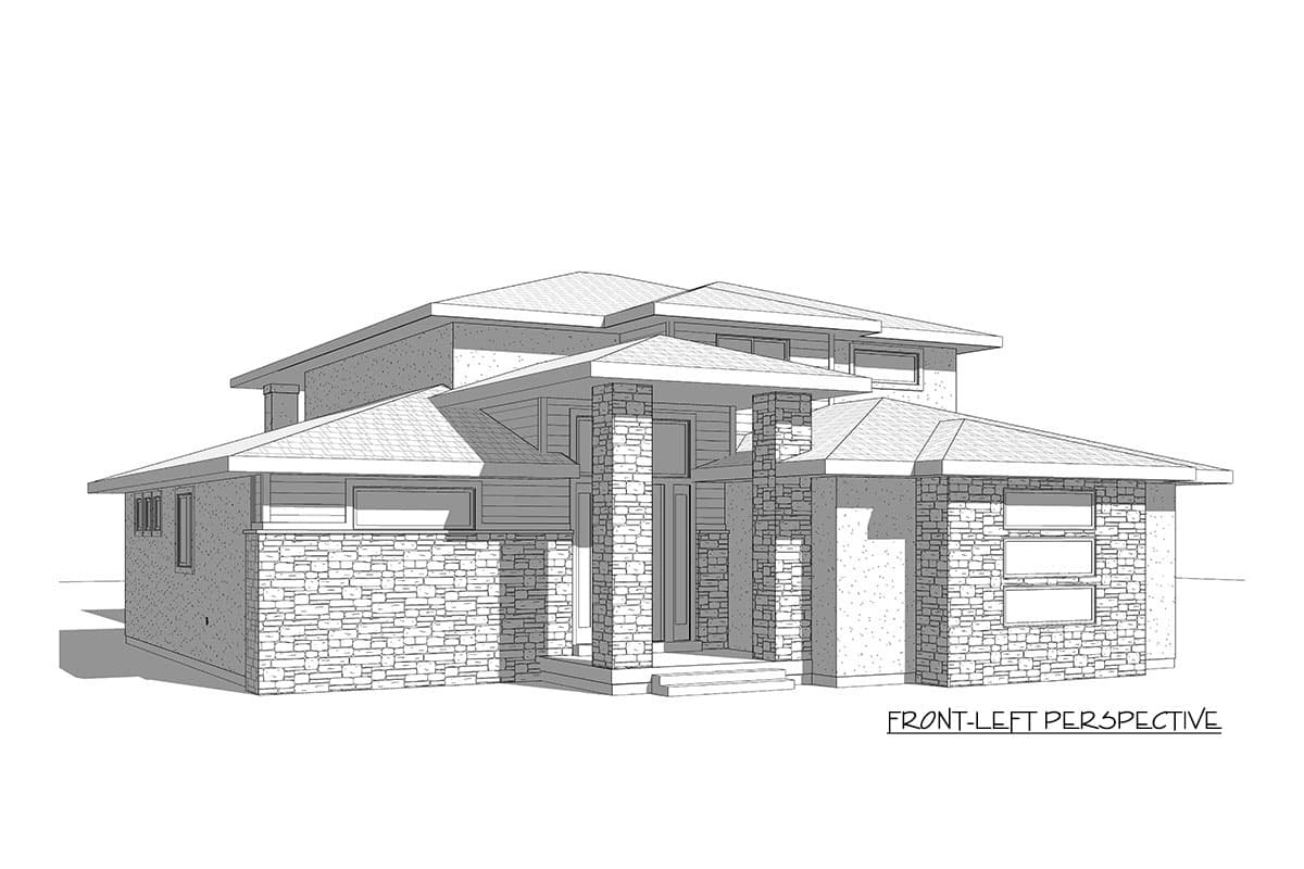 House plan exterior, modern style, two stories, stone accents, prominent gables, and large windows.