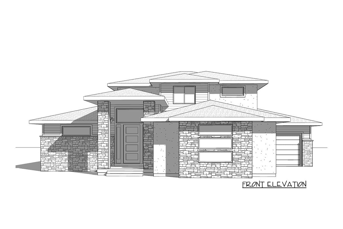 Front elevation drawing of a two-story modern house with stone accents, multiple rooflines, and attached garage.