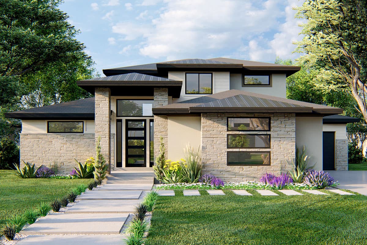 House plan exterior. Two-story modern house with stone facade, flat rooflines, and large windows. Includes entry porch and garage.
