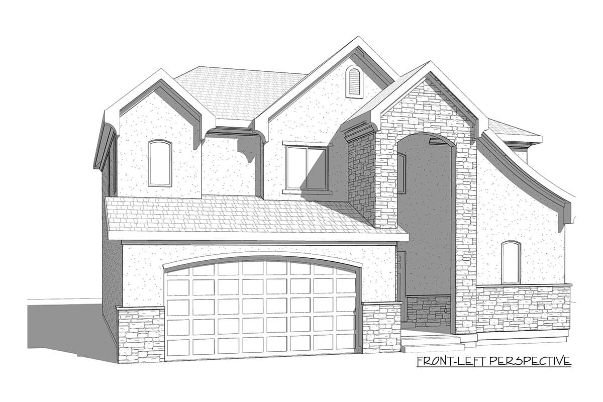 House plan exterior, two-story, featuring arched entry, stone accents, prominent gables, and attached garage.