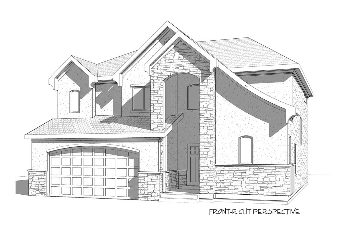 Front-right perspective of a two-story house plan with stone accents, arched entryway, and a two-car garage.