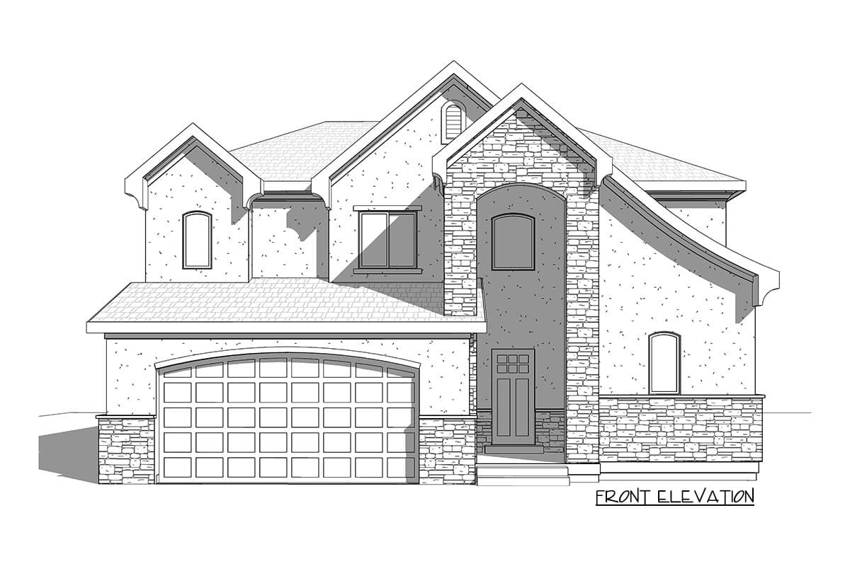 Front elevation of a two-story house plan with stone accents, a large arched garage door, and multiple gables.
