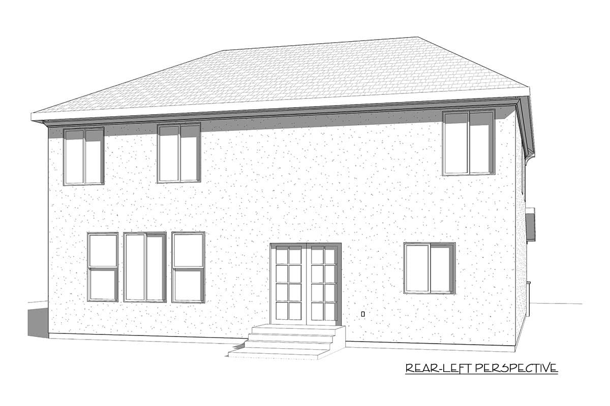 Two-story house plan exterior with multiple windows and double doors on the rear-left perspective.