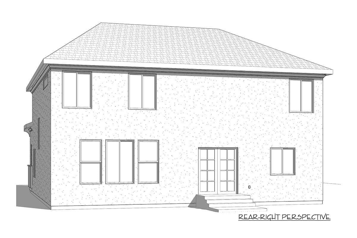 House plan rear-right perspective of a two-story house with multiple windows and double doors.