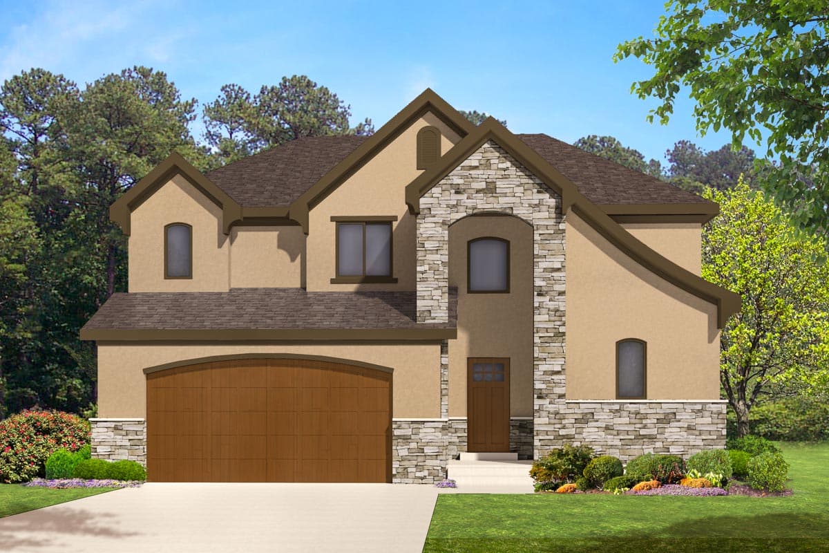 House plan exterior with two stories, stone facade, arched entryway, and a multi-car garage with a brown wood door.