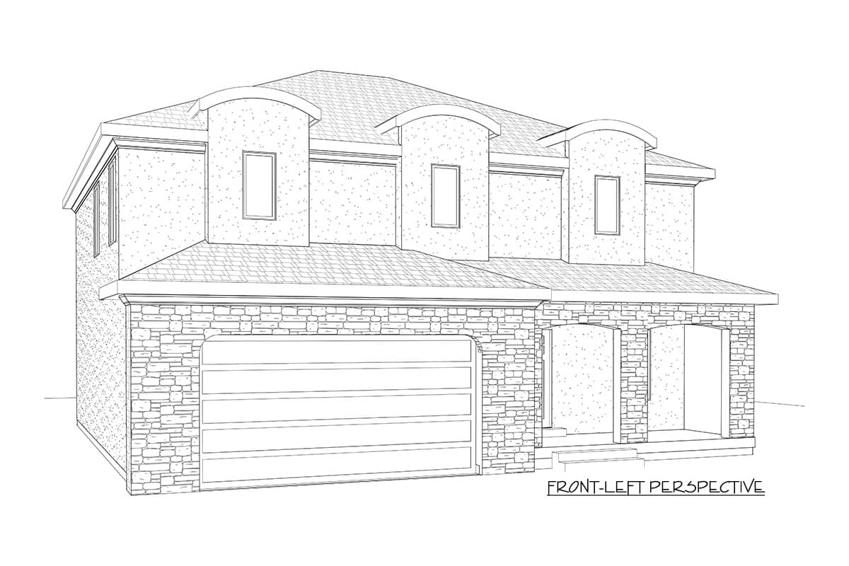 House plan exterior, two stories, with stone lower level, arched dormers, and garage.