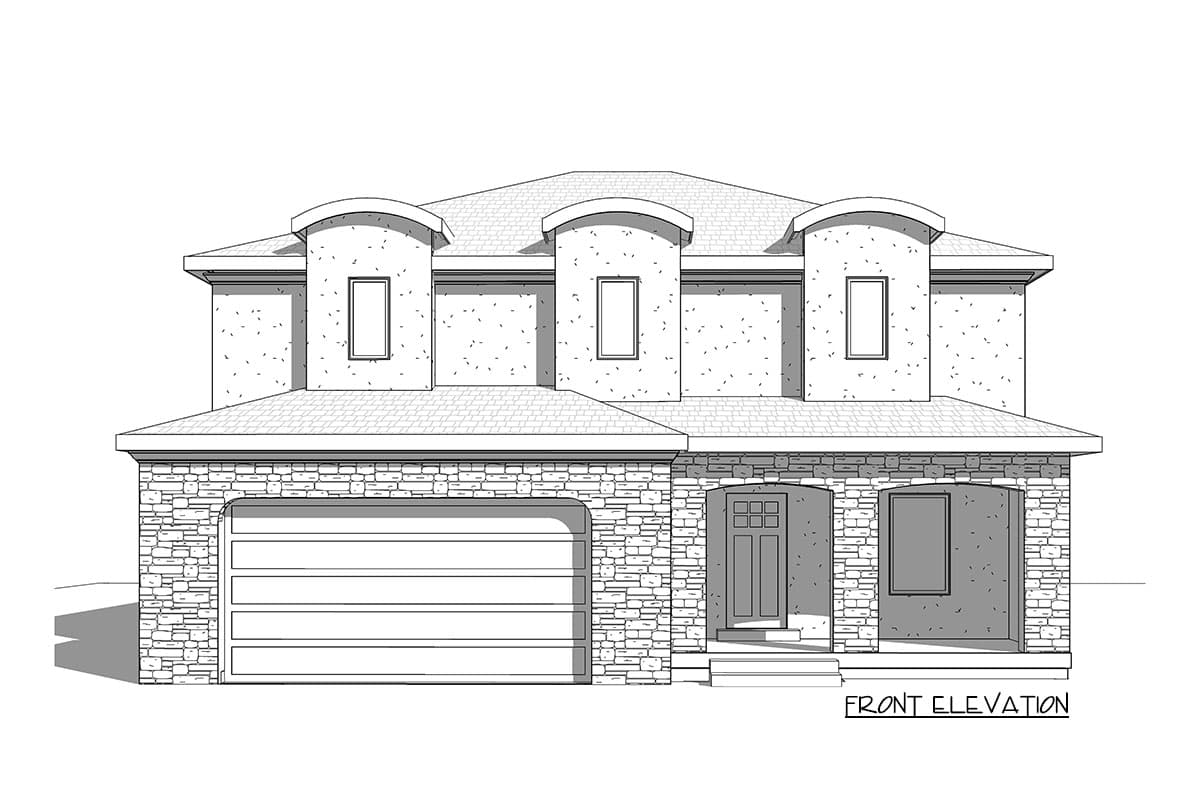 Front elevation of a two-story house plan with stone accents, a two-car garage, and three arched dormers.