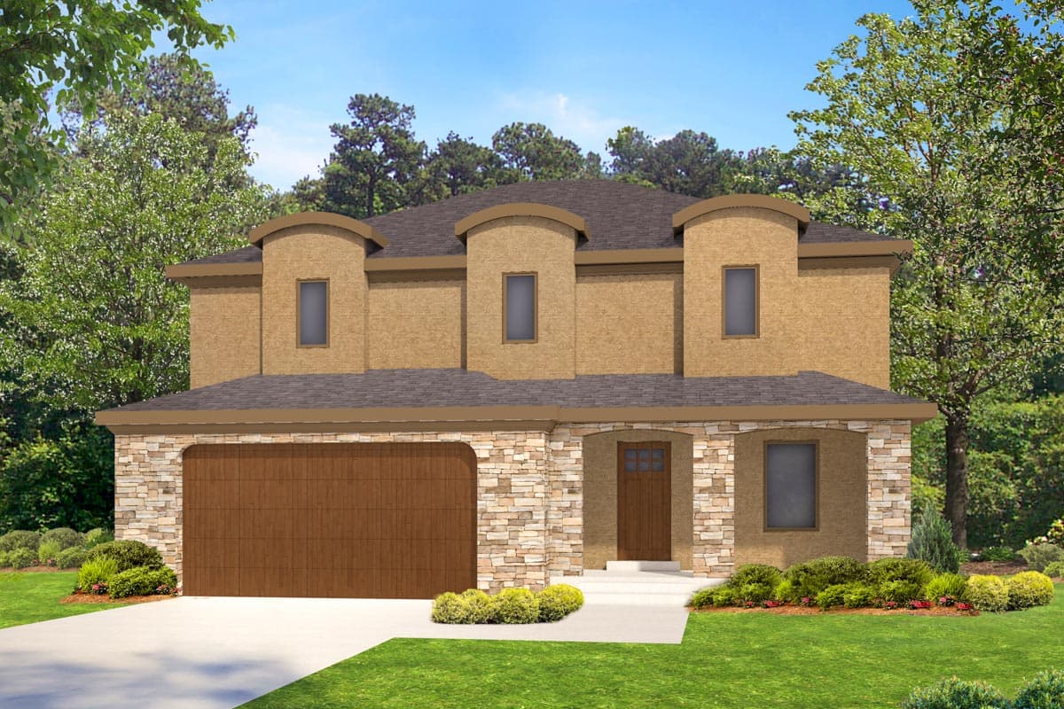 House plan exterior. Two-story stucco house with stone accents, arched dormers, and a prominent garage door. Entry features an arched porch and door.