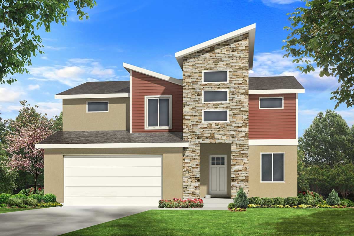 House plan exterior. Two-story Modern house with stone accent, shed-style roofs, horizontal windows, and attached two-car garage.