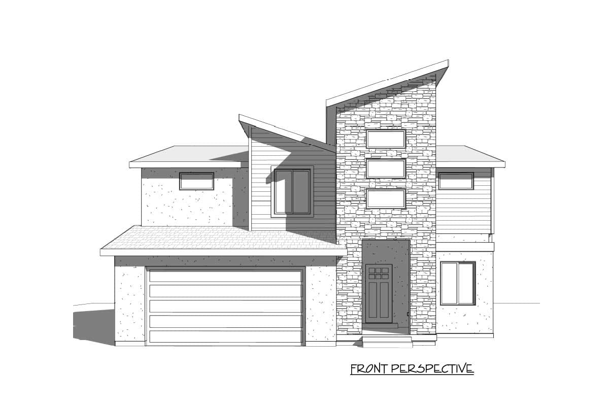House plan exterior, two-story modern design with stone facade, siding, large garage, and asymmetrical rooflines.