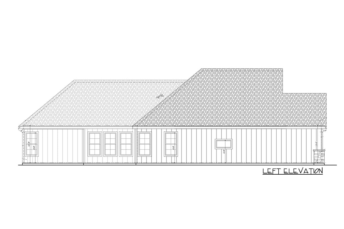 Left elevation house plan showing a one-story structure with a gable roof, multiple windows, and vertical siding.