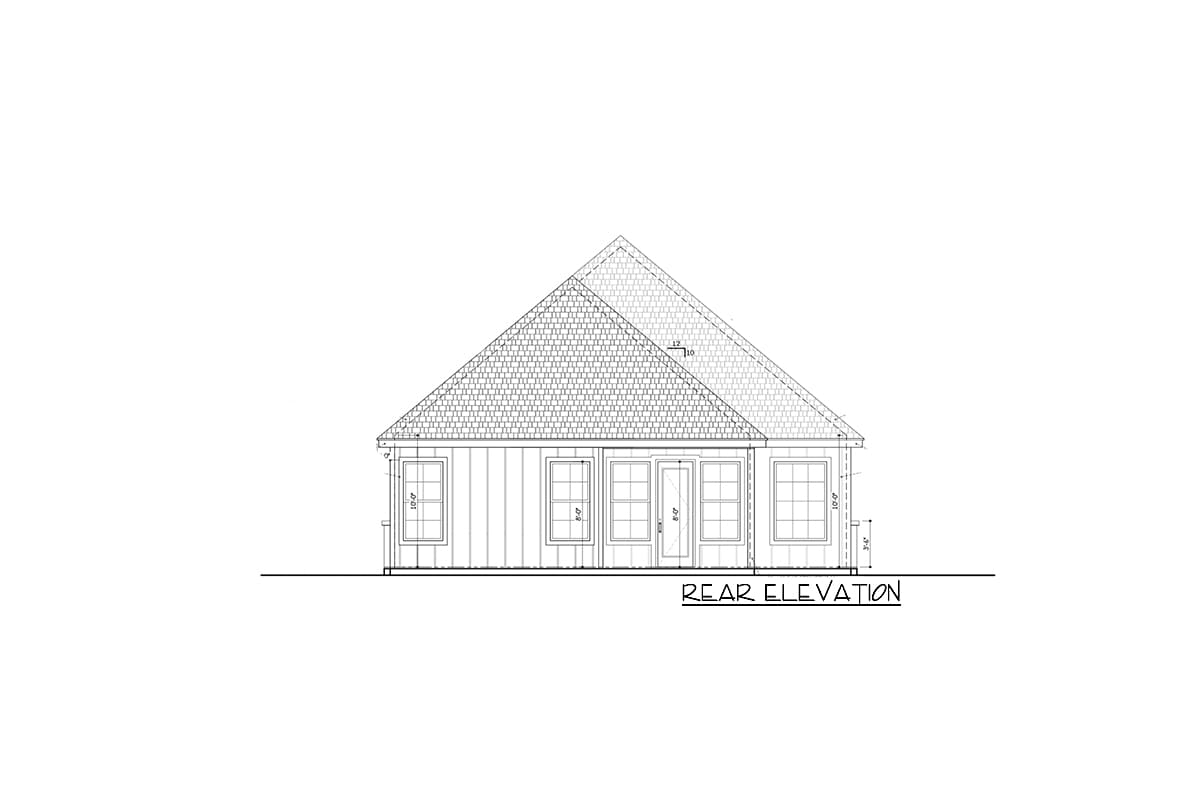 Rear elevation drawing of a single-story house plan with vertical siding, gabled roof, and five windows.