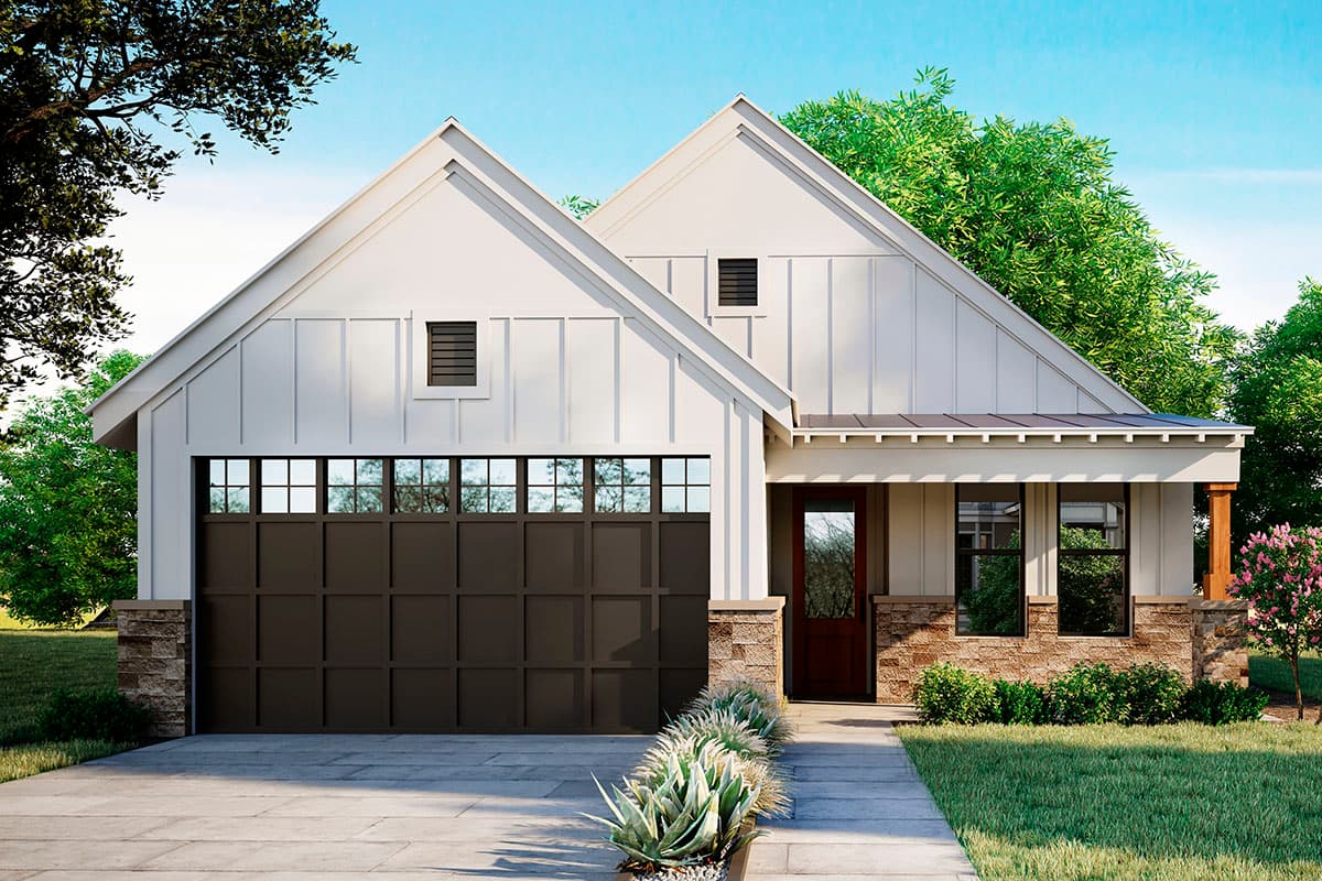 House plan exterior. Modern Farmhouse style with two gabled rooflines, a covered porch, and a dark garage door. Features brick and stone accents.