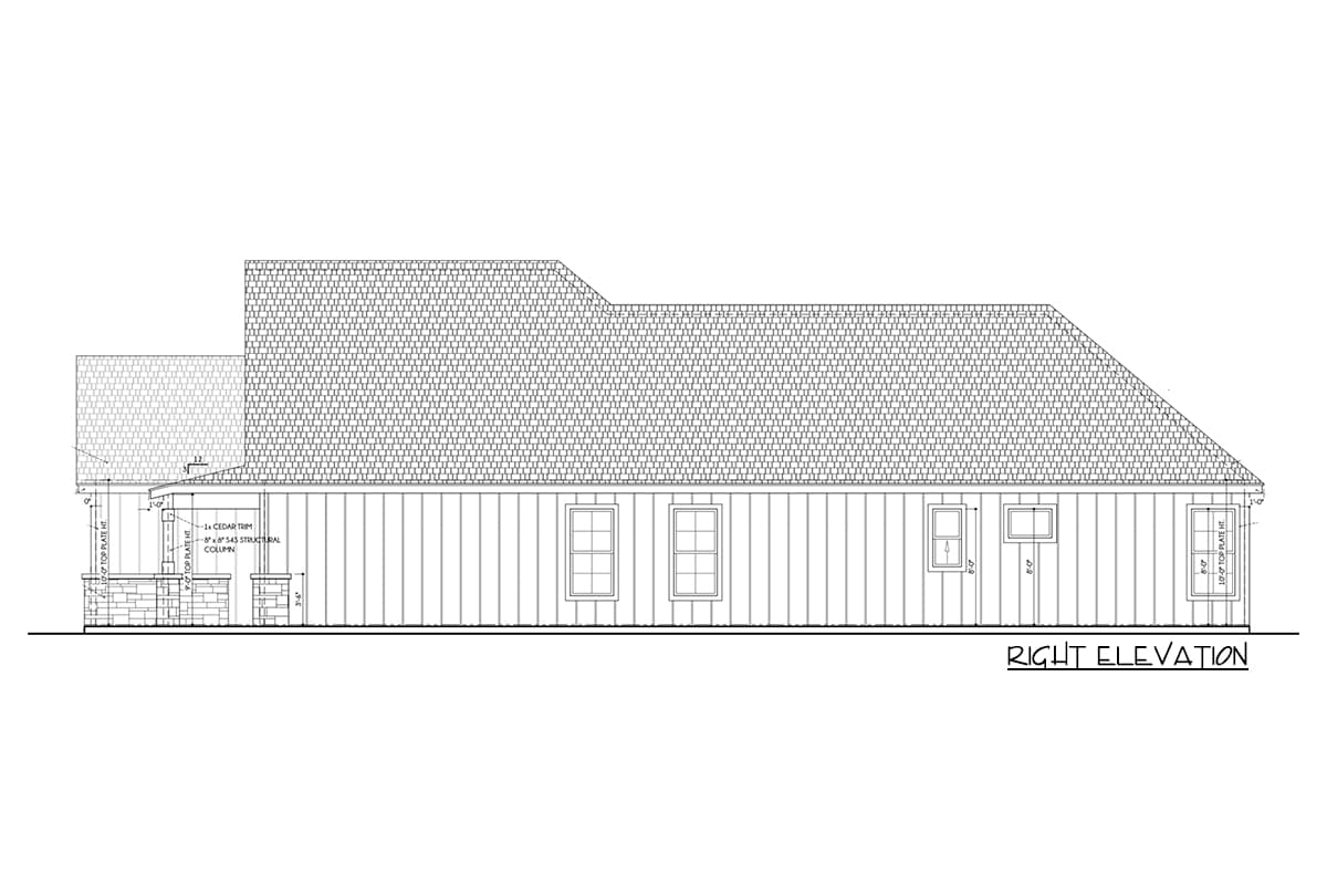 Right elevation house plan with gambrel roof, porch supported by stone columns, and vertical siding.