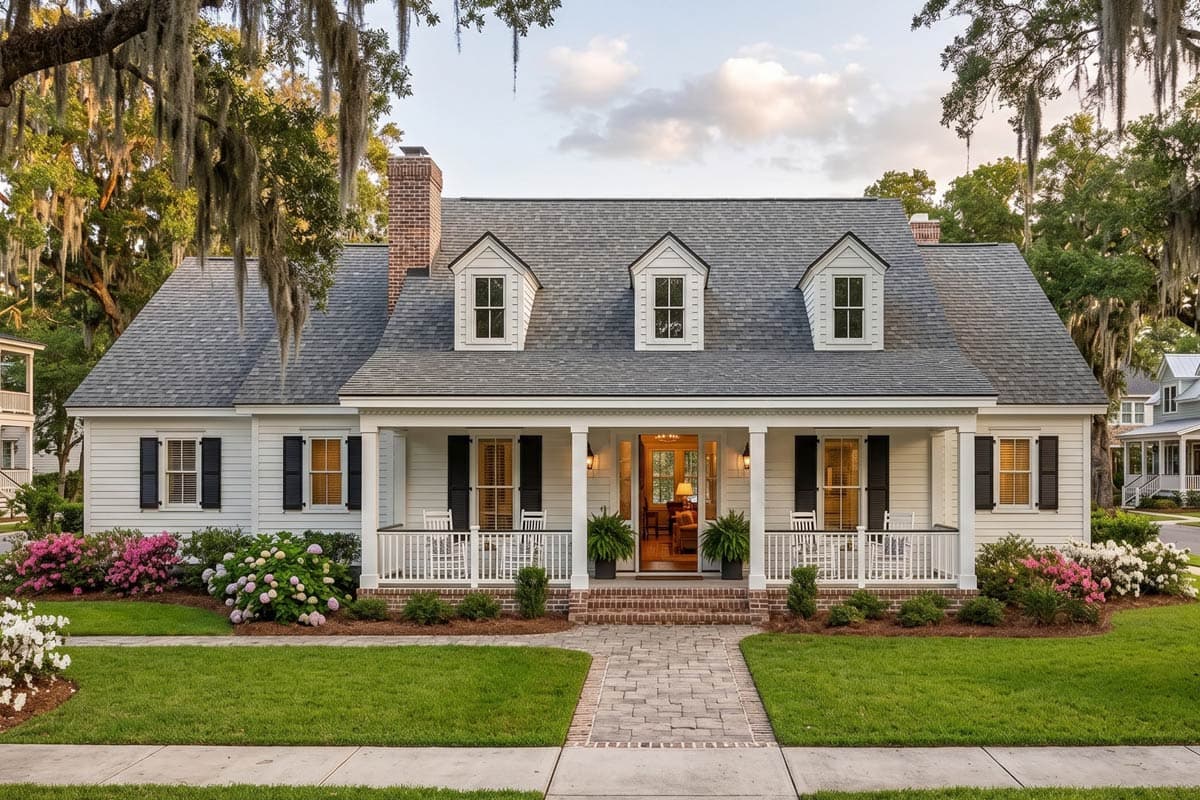 House plan exterior: Ranch style with full-width covered porch, brick chimney, and three front-facing dormers.