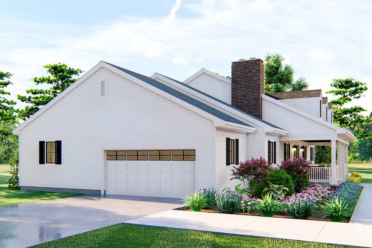 House plan exterior: Ranch style, white siding, brick chimney, front porch, and attached garage.